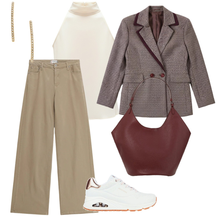 Outfit donna - Top e giacca. per Ufficio. Abbinamento con borse a spalla, pantaloni, top, blazer, orecchini, sneakers.