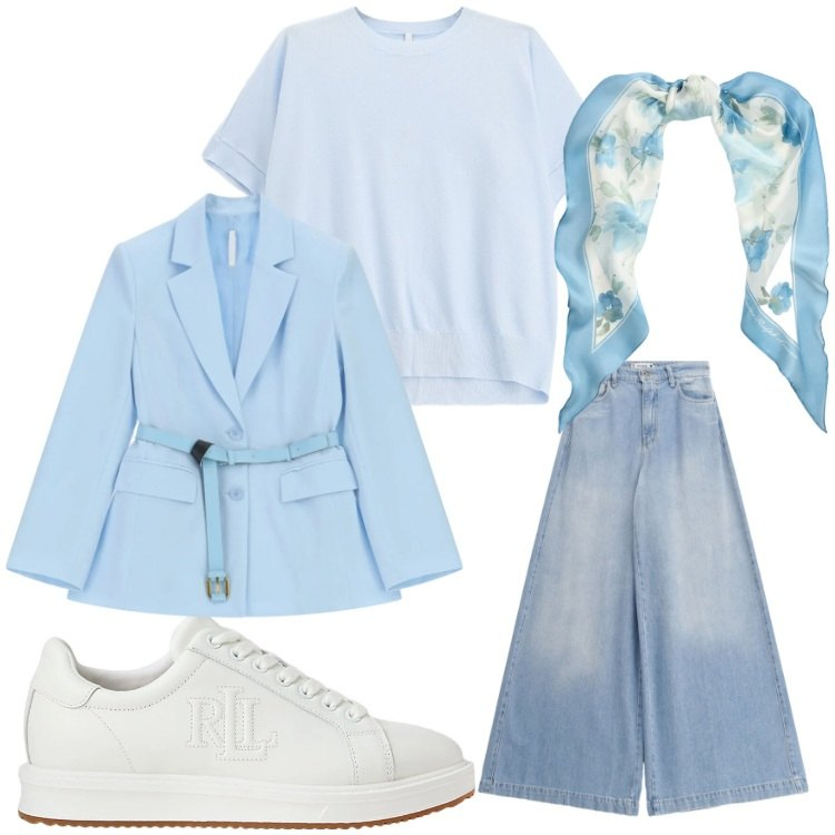 Outfit donna - Light blue. Stile Sporty chic per Tutti i giorni. Abbinamento con t-shirt, blazer, jeans, sneakers, foulard.