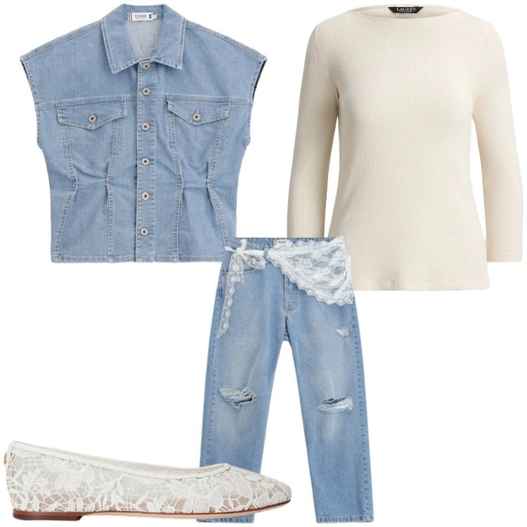 Outfit donna - Pizzo e denim. Stile Romantica per Tutti i giorni. Abbinamento con jeans strappati, gilet, ballerine, t-shirt.