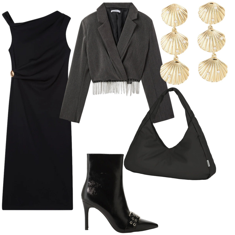 Outfit donna - Stasera venerdì. per Serata fuori. Abbinamento con stivaletti, blazer, orecchini, vestiti asimmetrici, borse a spalla.