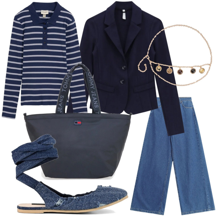 Outfit donna - Blu indimenticabile. Stile Urban per Tutti i giorni. Abbinamento con polo, cinture, blazer, jeans, ballerine, borse tote.
