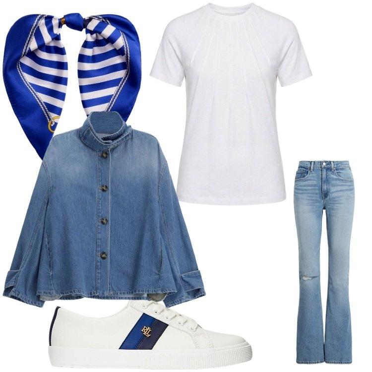 Outfit donna - Alla marinara. Stile Casual per Tutti i giorni. Abbinamento con t-shirt, blazer, jeans, sneakers, foulard.