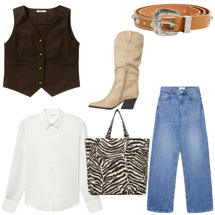 Outfit donna - Urban rodeo outfit. Stile Etnico per Tutti i giorni. Abbinamento con stivali, jeans, gilet, cinture, camicie, shopping bag.