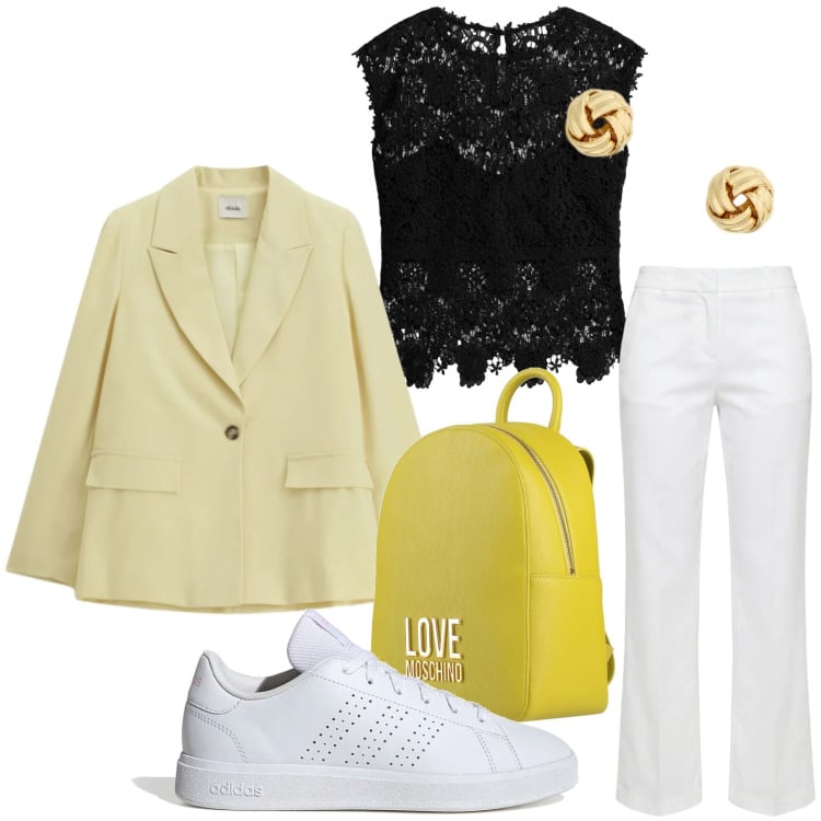 Outfit donna - Lo zaino elegante. Stile Minimal per Tutti i giorni. Abbinamento con zaini, top, pantaloni, blazer, orecchini, sneakers.