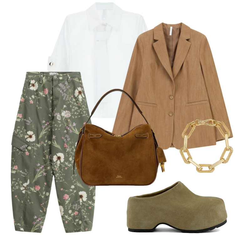 Outfit donna - La primavera. per Tutti i giorni. Abbinamento con blazer, camicie, pantaloni cargo, borse a mano, braccialetti, zoccoli.