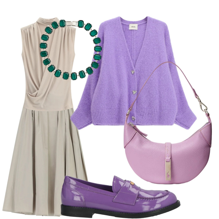 Outfit donna - Look. Stile Casual chic per Tutti i giorni. Abbinamento con mocassini, top, gonne lunghe, cardigans, borse a spalla, braccialetti.