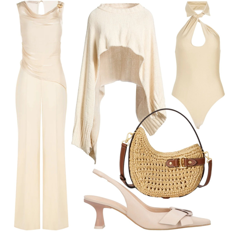 Outfit donna - Colori neutri. Stile Minimal per Tutti i giorni. Abbinamento con body, décolleté, cappotti, tute, borse a tracolla.