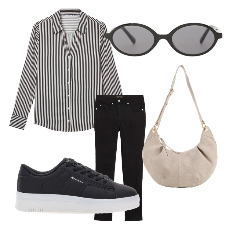 Outfit donna - Pranzo informale con amici. Stile Minimal per Tutti i giorni. look ideale per Petite. Abbinamento con jeans dritti, borse a tracolla, camicie, occhiali da sole, sneakers.
