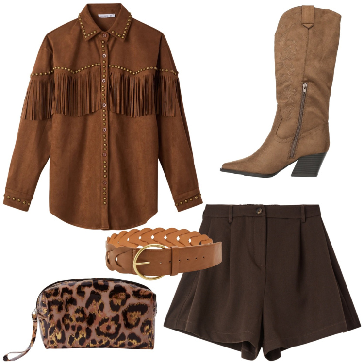 Outfit donna - Urban cowgirl. Stile Etnico per Tutti i giorni. Abbinamento con cinture, stivali, pochette, camicie, shorts.