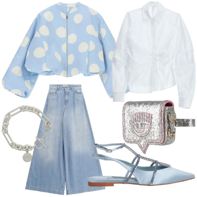 Outfit donna - Un bomber a pois. Stile Casual per Tutti i giorni. Abbinamento con ballerine, marsupi, camicie, bomber, jeans, braccialetti.