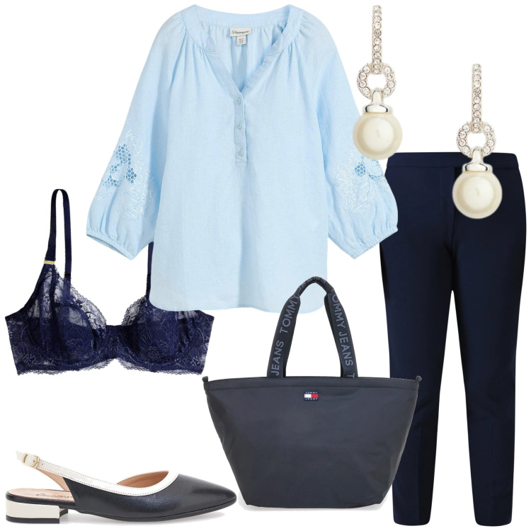Outfit donna - Total look #2353525. Stile Romantica per Ufficio. Abbinamento con bluse, pantaloni skinny, reggiseni, orecchini, ballerine, borse tote.