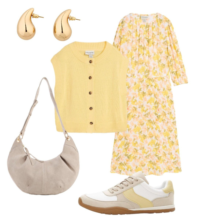 Outfit donna - Giallo mimosa. Stile Casual chic per Tutti i giorni. Abbinamento con maglieria, vestiti, sneakers, orecchini, borse a tracolla.