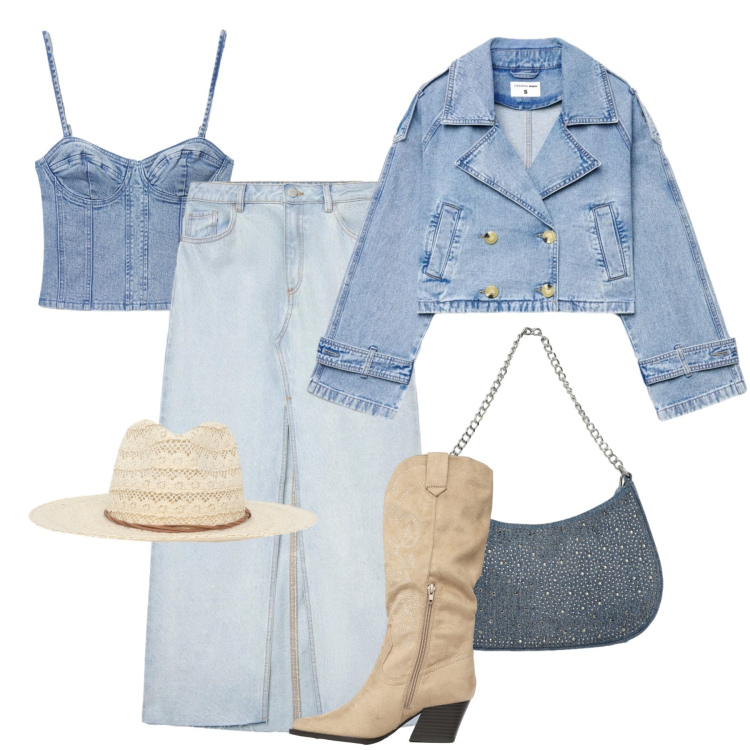 Outfit donna - Denim urbano mood western. Stile Urban per Tutti i giorni. Abbinamento con stivali, caban, top, borse a tracolla, gonne lunghe, cappelli.