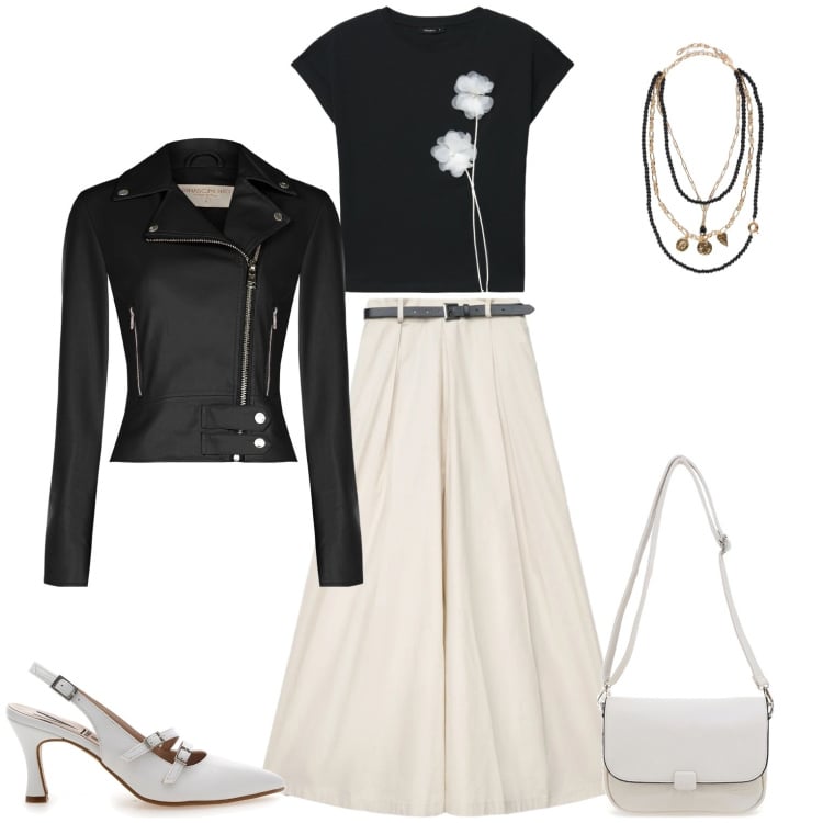 Outfit donna - La bellezza nei piccoli dettagli. Stile Casual chic per Tutti i giorni. Abbinamento con collane, pantaloni, t-shirt, giacche, décolleté, borse a tracolla.