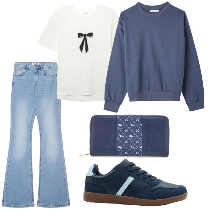 Outfit donna - Jeans evergreen. Stile Casual per Tutti i giorni. Abbinamento con sneakers, felpe, t-shirt, jeans a zampa, portafogli.