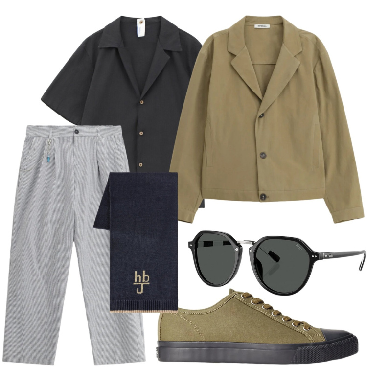 Outfit uomo - Dinamico. Stile Casual per Tutti i giorni. Abbinamento con sciarpe, pantaloni, giacche, camicie a manica corta, sneakers, occhiali da sole.