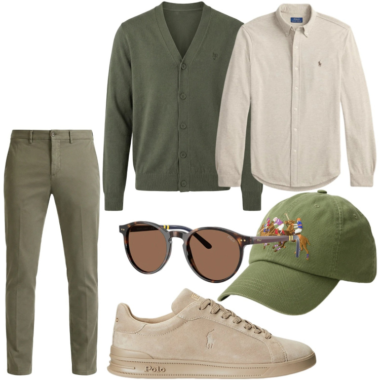 Outfit uomo - Apericena casual. Stile Casual per Tutti i giorni. Abbinamento con pantaloni chino, cardigans, sneakers, occhiali da sole, cappelli, camicie.