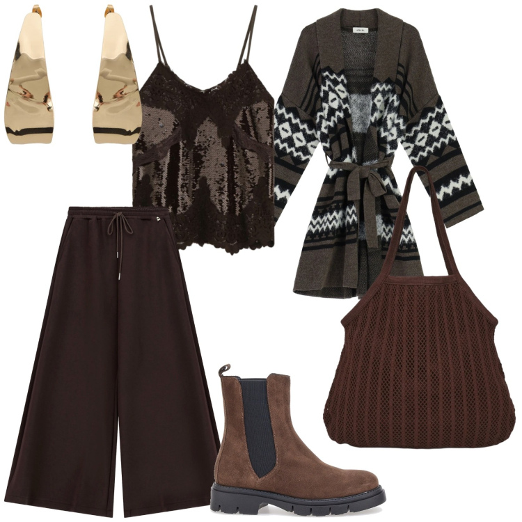 Outfit donna - Venerdì a casa tua. per Serata fuori. Abbinamento con shopping bag, orecchini, pantaloni a palazzo, cappotti, top, stivaletti chelsea.