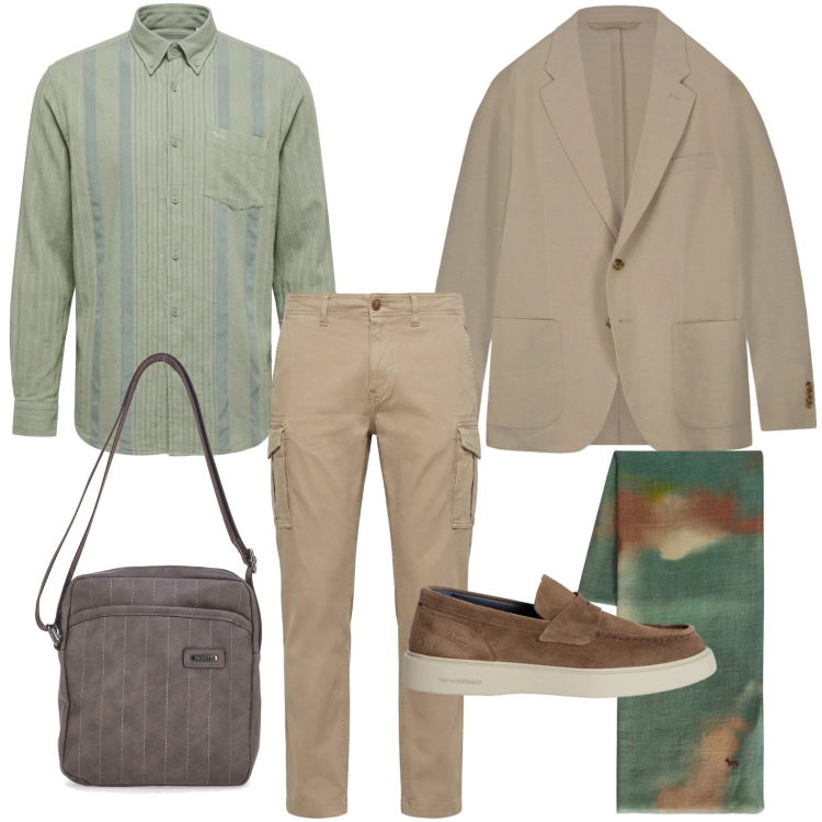 Outfit uomo - La pashmina verde acquarello. Stile Casual per Ufficio. Abbinamento con scarpe stringate, pantaloni cargo, camicie, sciarpe, portafogli, giacche.