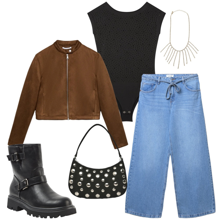 Outfit donna - Urban Suede & Metal. Stile Casual chic per Tutti i giorni. Abbinamento con body, giacche, borse a tracolla, collane, stivaletti, jeans.