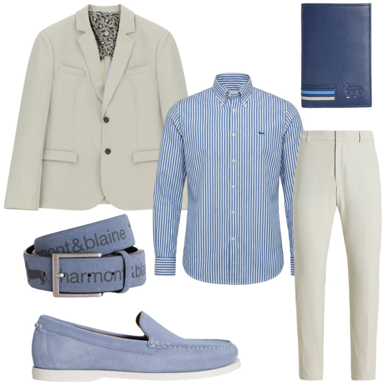 Outfit uomo - Il completo ghiaccio. Stile Casual per Ufficio. Abbinamento con cinture, portafogli, camicie, giacche, pantaloni, scarpe stringate.