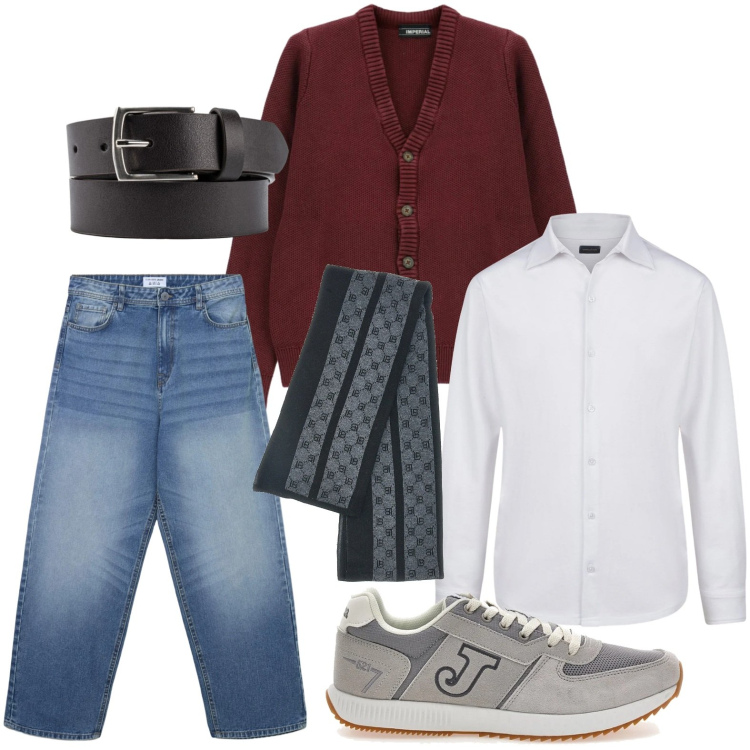 Outfit uomo - Il classico pull burgundy. Stile Casual per Tutti i giorni. Abbinamento con cardigans, jeans, cinture, sciarpe, sneakers, polo.