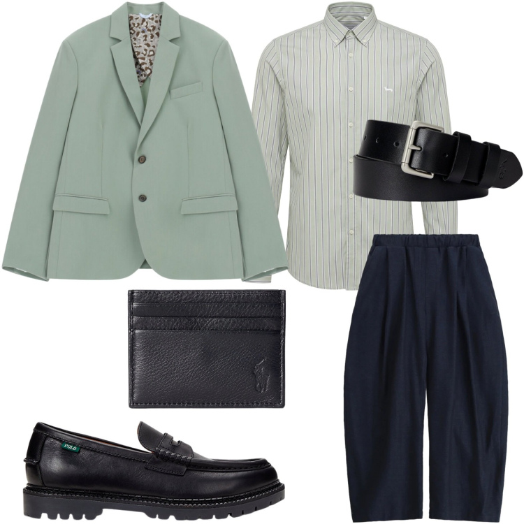 Outfit uomo - Il blazer salvia. Stile Trendy per Ufficio. Abbinamento con camicie, giacche, pantaloni, cinture, portafogli, scarpe stringate.