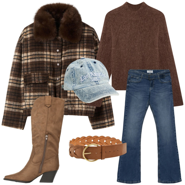 Outfit donna - Per un marzo in stile Far West e Casual. Stile Casual per Tutti i giorni. Abbinamento con maglieria, cappelli con visiera, cinture, stivali, jeans a zampa, blazer.