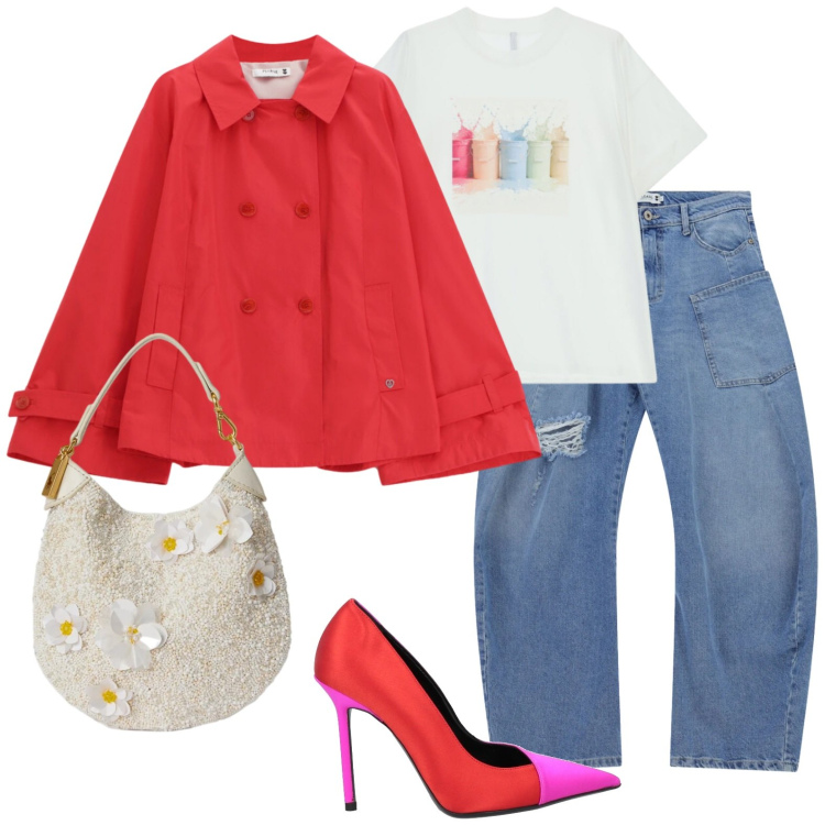 Outfit donna - Trench rosso e tacco 12. Stile Casual chic per Serata fuori. Abbinamento con décolleté, t-shirt, jeans, giacche, pochette.