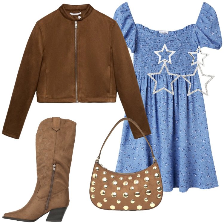 Outfit donna - Per una serata fuori in stile Rodeo Girl. Stile Casual per Serata fuori. Abbinamento con orecchini, vestiti corti, stivali, giacche, borse a tracolla.