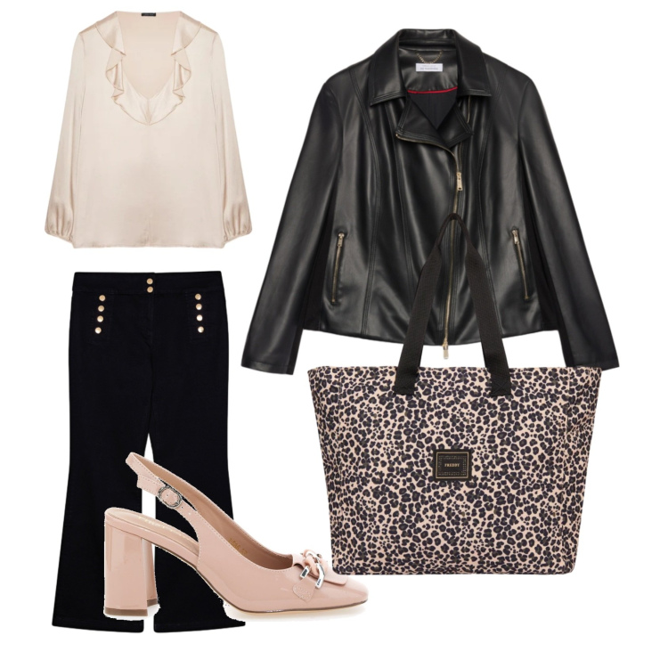 Outfit donna - Shopping in centro. Stile Casual per Tutti i giorni. Abbinamento con bluse, giacche, jeans, shopping bag, décolleté.