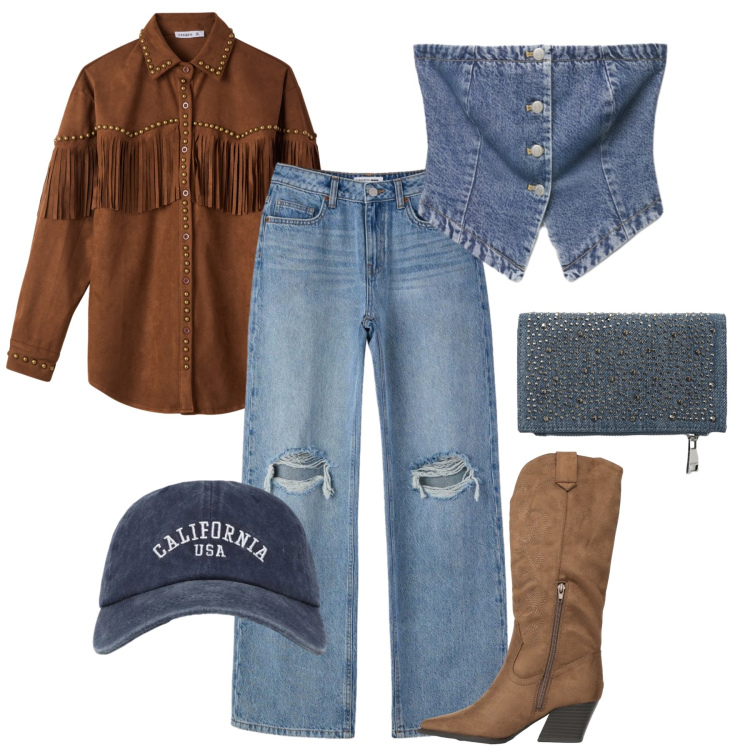 Outfit donna - La camicia mood western. Stile Urban per Tutti i giorni. Abbinamento con stivali, portafogli, jeans strappati, cappelli con visiera, top, camicie.