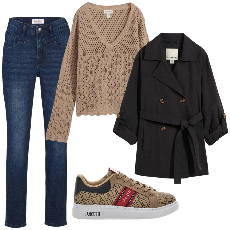 Outfit donna - La maglia traforata. Stile Casual per Tutti i giorni. Abbinamento con maglieria, trench, jeans skinny, sneakers.