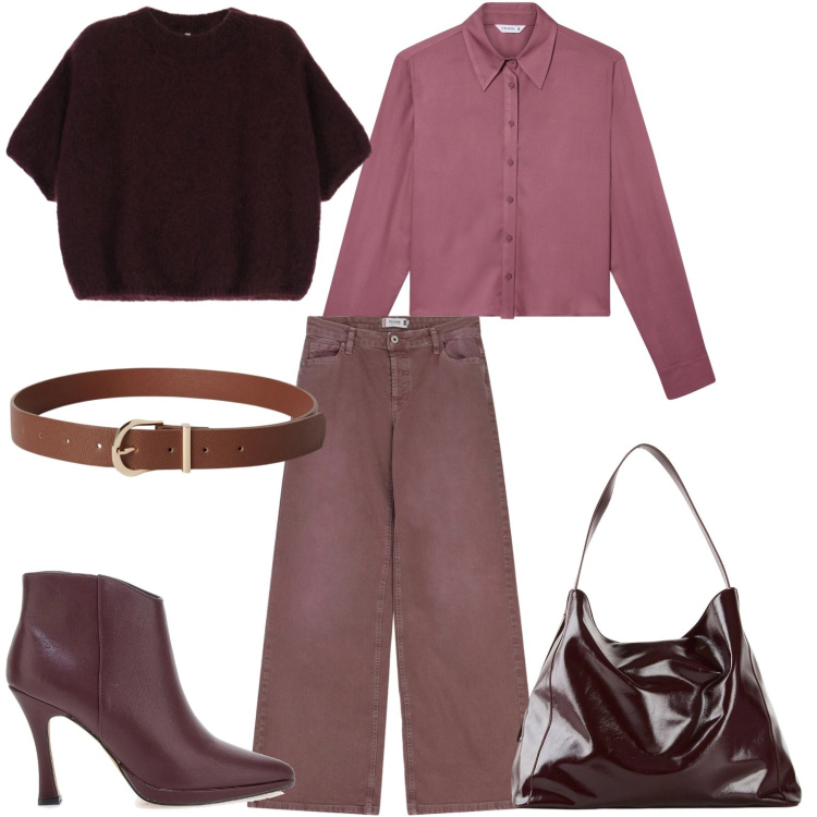 Outfit donna - Colori originali. Stile Casual per Tutti i giorni. Abbinamento con shopping bag, camicie, cinture, maglieria, pantaloni a palazzo, stivaletti.