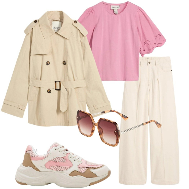 Outfit donna - Look primaverile. Stile Urban per Tutti i giorni. Abbinamento con jeans, bluse, trench, occhiali da sole, sneakers.