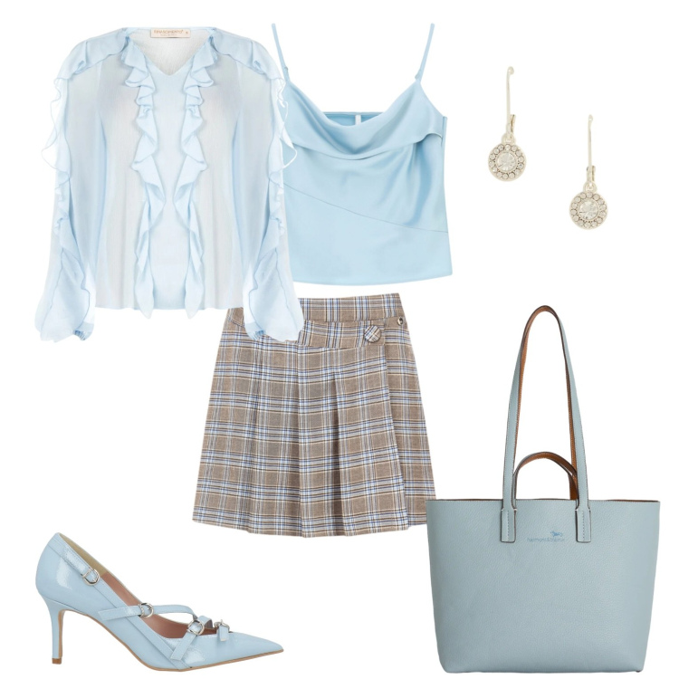 Outfit donna - Colori primaverili. Stile Casual chic per Tutti i giorni. Abbinamento con décolleté, shopping bag, canottiere, bluse, gonne, orecchini.