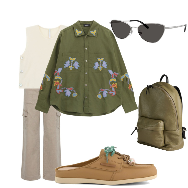 Outfit donna - Molto easy. Stile Urban per Tutti i giorni. Abbinamento con zaini, pantaloni cargo, top, blazer, occhiali da sole, sabot.