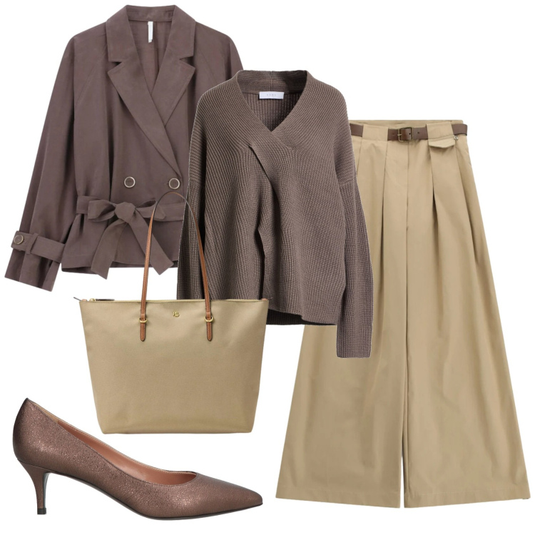 Outfit donna - Total look #2353618. Stile Basic per Ufficio. Abbinamento con décolleté, pullovers, blazer, pantaloni a palazzo, borse tote.