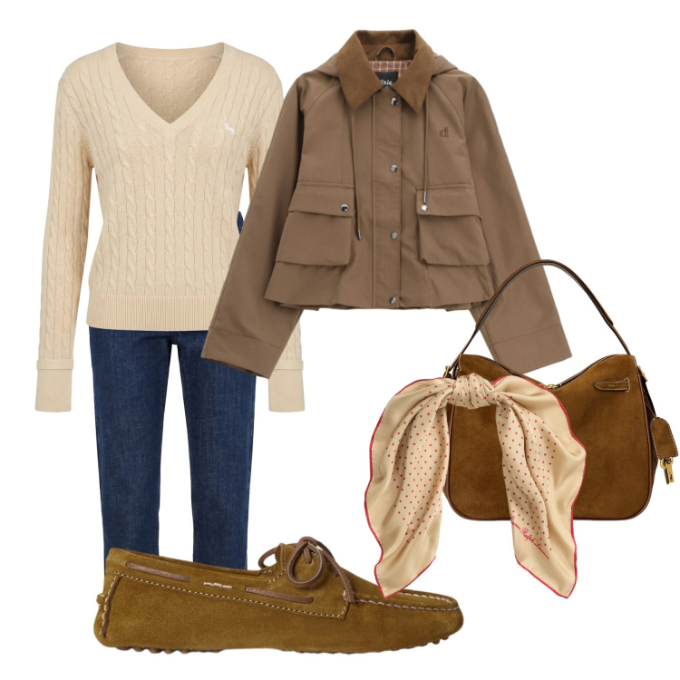 Outfit donna - A spasso con Jack. Stile Basic per Tutti i giorni. Abbinamento con jeans, pullovers, parka, borse a mano, mocassini, foulard.