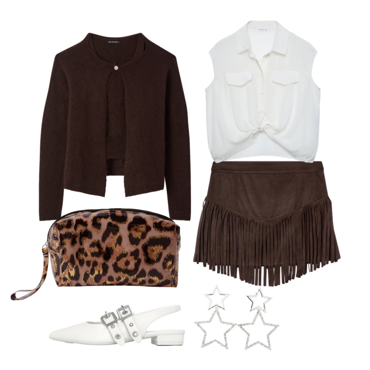 Outfit donna - Marzo. Stile Trendy per Tutti i giorni. Abbinamento con orecchini, ballerine, camicie, pochette, minigonne, cardigans.