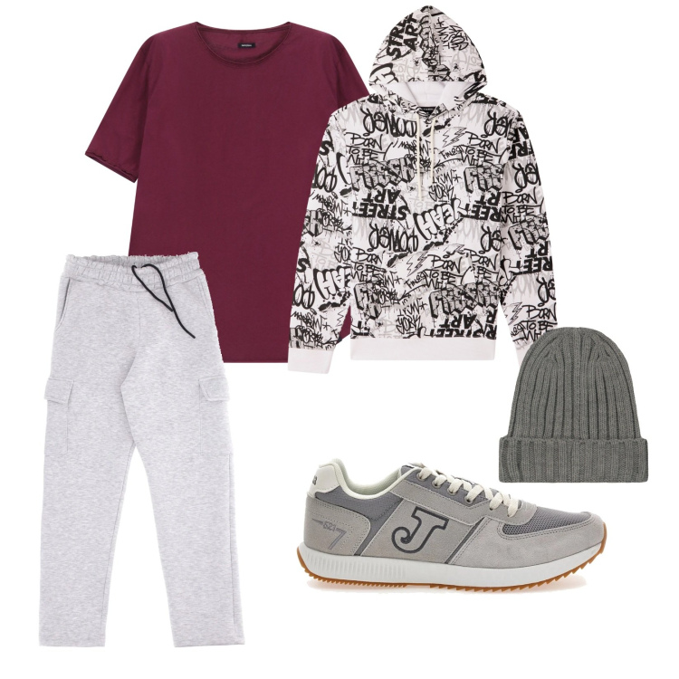 Outfit uomo - Il fine settimana. per Sport. Abbinamento con t-shirt, felpe con cappuccio, berretti, pantaloni cargo, sneakers.