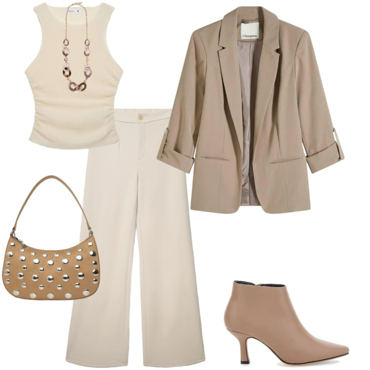 Outfit donna - Blazer di primavera. Stile Casual chic per Serata fuori. Abbinamento con blazer, pantaloni, top, borse a tracolla, collane, stivaletti.