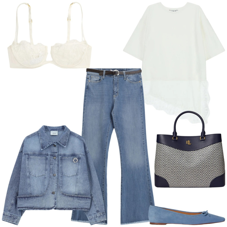 Outfit donna - Total look #2353635. Stile Urban per Tutti i giorni. Abbinamento con blazer, jeans, top, reggiseni a balconcino, ballerine, borse a mano.