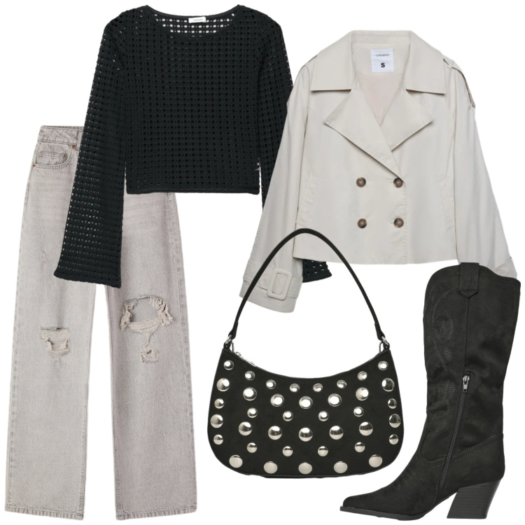 Outfit donna - Western urbano. Stile Casual per Tutti i giorni. Abbinamento con caban, stivali, borse a tracolla, maglieria, jeans strappati.