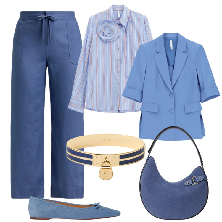 Outfit donna - Light Blue. Stile Casual chic per Ufficio. Abbinamento con camicie, blazer, pantaloni, borse a spalla, ballerine, braccialetti con ciondoli.