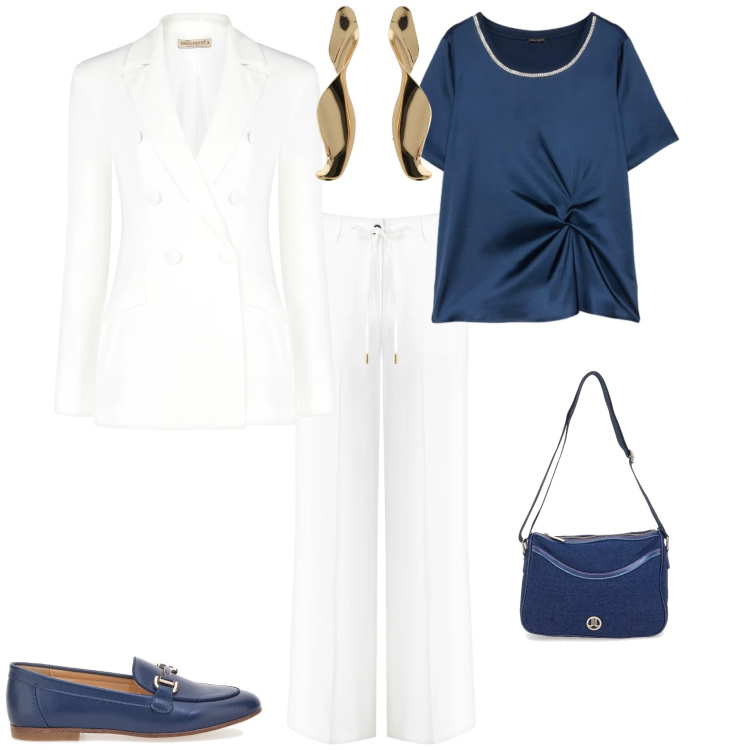 Outfit donna - Chic cerimonia evento serata speciale. Stile Chic per Cerimonia. Abbinamento con bluse, orecchini, blazer, pantaloni, mocassini, borse a tracolla.