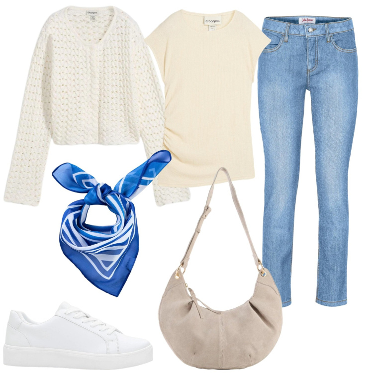 Outfit donna - Bonprix look primaverili. Stile Basic per Tutti i giorni. Abbinamento con cardigans, jeans slim fit, top, borse a tracolla, foulard, sneakers.
