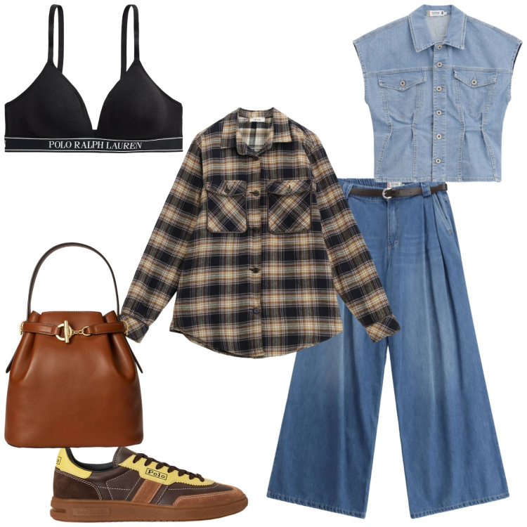 Outfit donna - Total look #2353644. Stile Casual per Tutti i giorni. Abbinamento con camicie, gilet, jeans, reggiseni, borse a secchiello, sneakers.