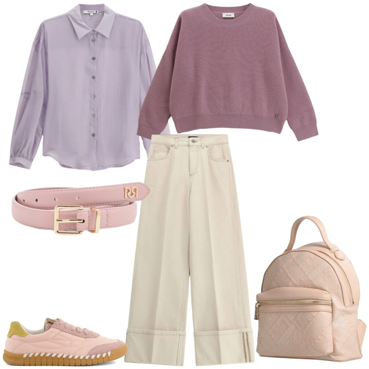Outfit donna - Primavera alle porte. Stile Casual per Tutti i giorni. Abbinamento con zaini, pantaloni a palazzo, maglieria, camicie, cinture, sneakers.