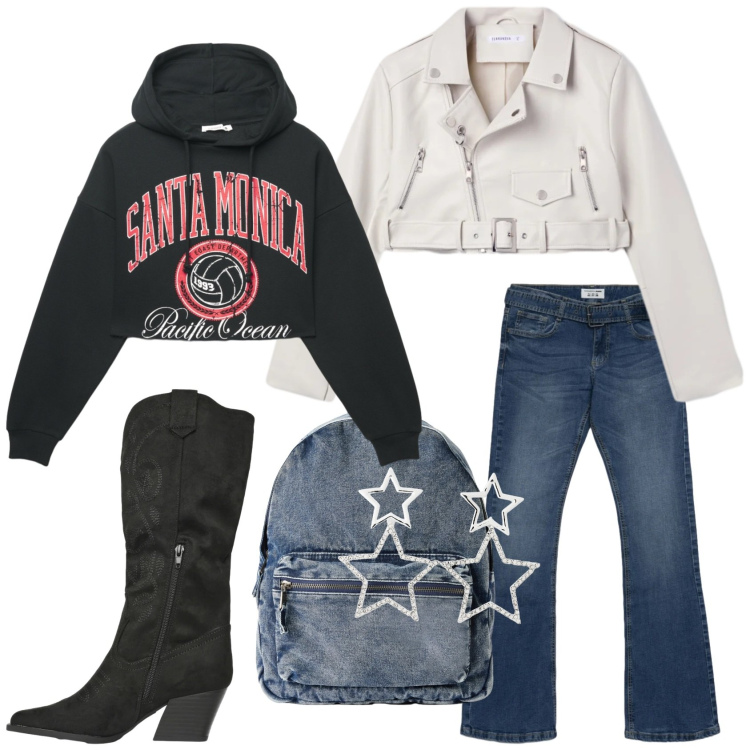 Outfit donna - In viaggio. Stile Casual per Tutti i giorni. Abbinamento con jeans a zampa, orecchini, zaini, stivali, felpe con cappuccio, giacche.